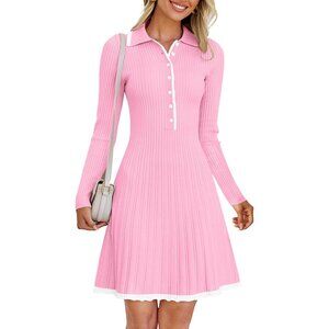 Merokeety Women's Pink Long Sleeve V Neck Button Knit Pleated Sweater Dress